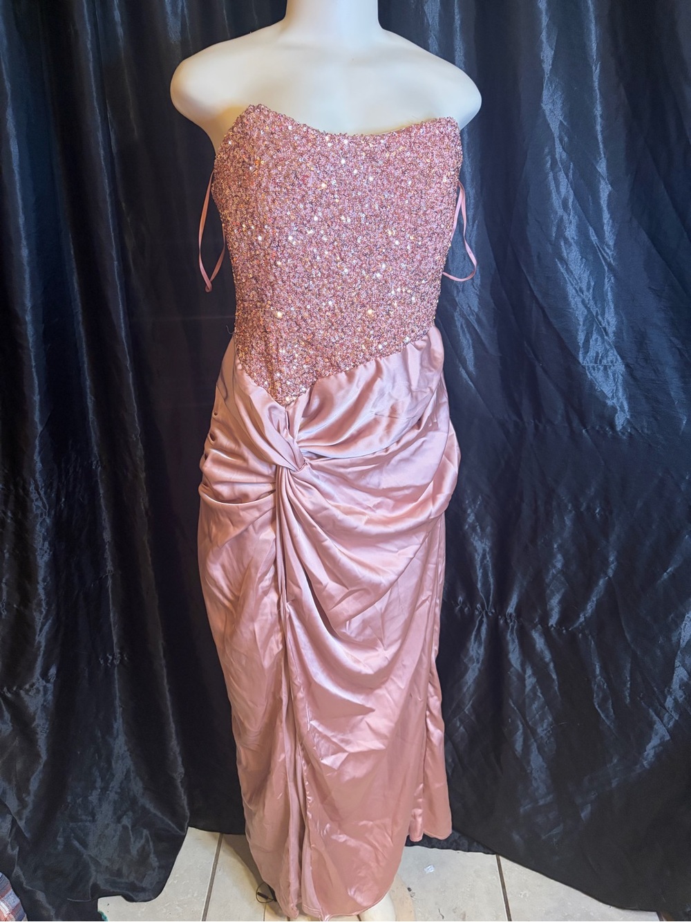 Fashion Nova Rose Pink Strapless Sequin & Satin Gown